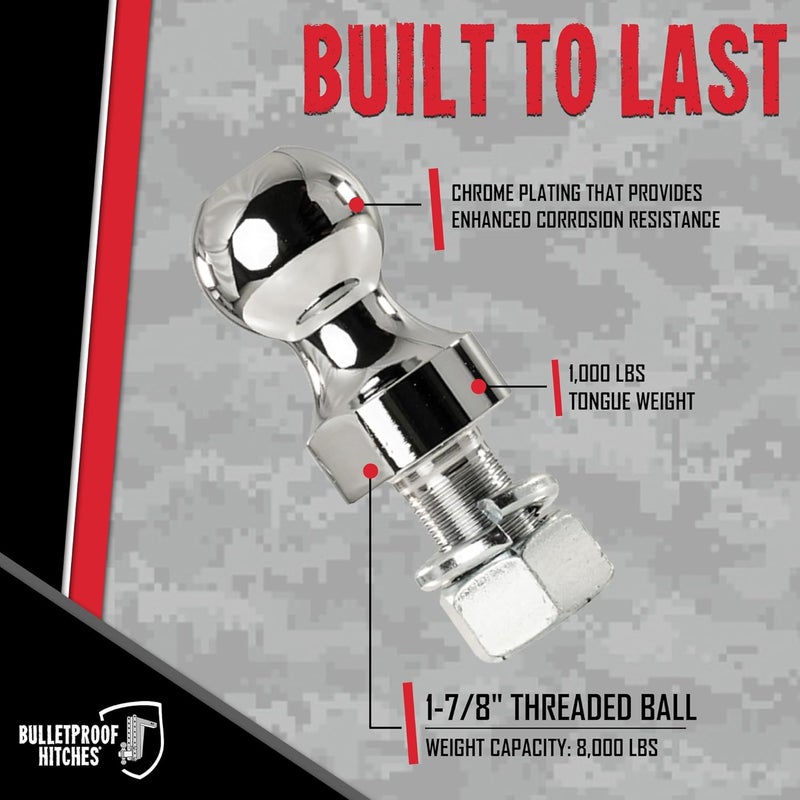 BulletProof Hitches - 1-7/8" Threaded Trailer Hitch Ball - Tow Ball Rated to 8,000 lbs with 1" Shank Diameter, 2" Shank Length - Corrosion-Resistant - Image 1